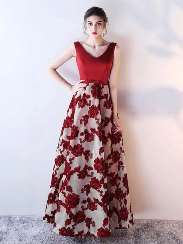 Blue Prom Dress 2021 Long Satin Floral Print Evening Dress Dark Navy V Neck Backless Floor Length Formal Dress