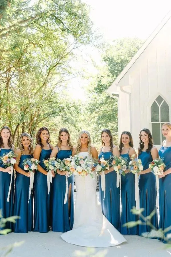 Blue Satin Spaghetti Strap Slit Long Bridesmaid Dresses With Bow, MBD284