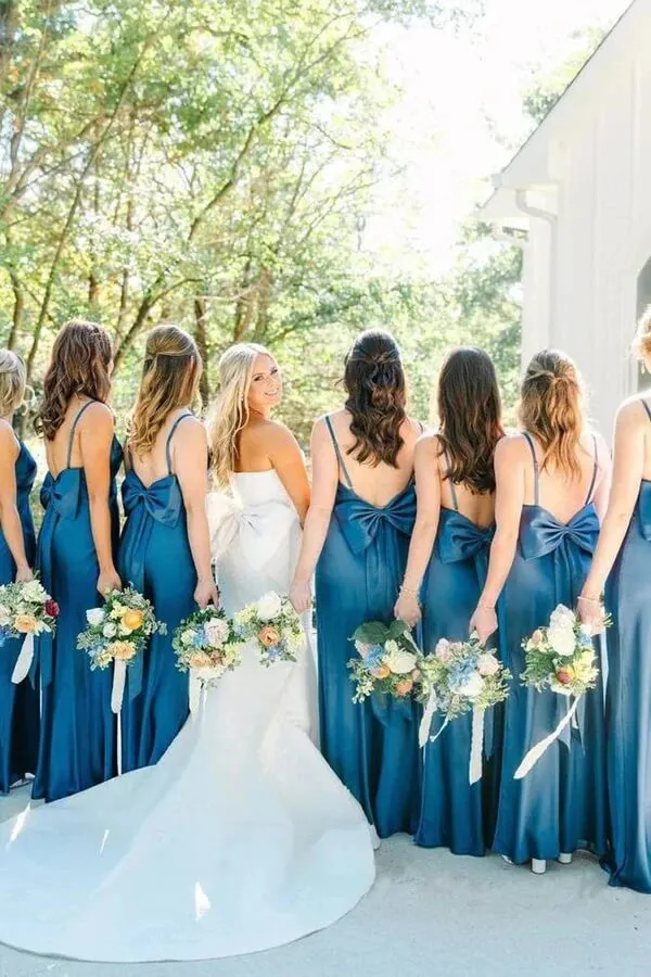 Blue Satin Spaghetti Strap Slit Long Bridesmaid Dresses With Bow, MBD284