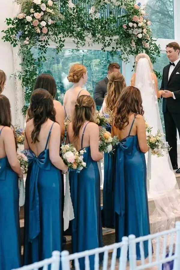 Blue Satin Spaghetti Strap Slit Long Bridesmaid Dresses With Bow, MBD284