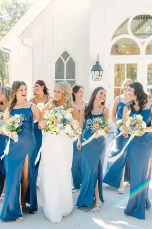 Blue Satin Spaghetti Strap Slit Long Bridesmaid Dresses With Bow, MBD284