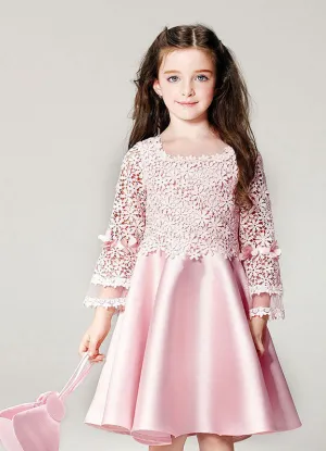 Blush flower girl dress Boho Princess Lace Satin Bell Long Sleeve Flowers Short Pageant Skater Dress