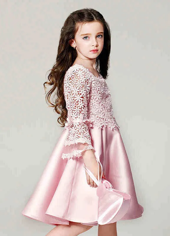 Blush flower girl dress Boho Princess Lace Satin Bell Long Sleeve Flowers Short Pageant Skater Dress