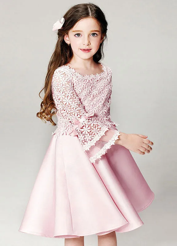 Blush flower girl dress Boho Princess Lace Satin Bell Long Sleeve Flowers Short Pageant Skater Dress