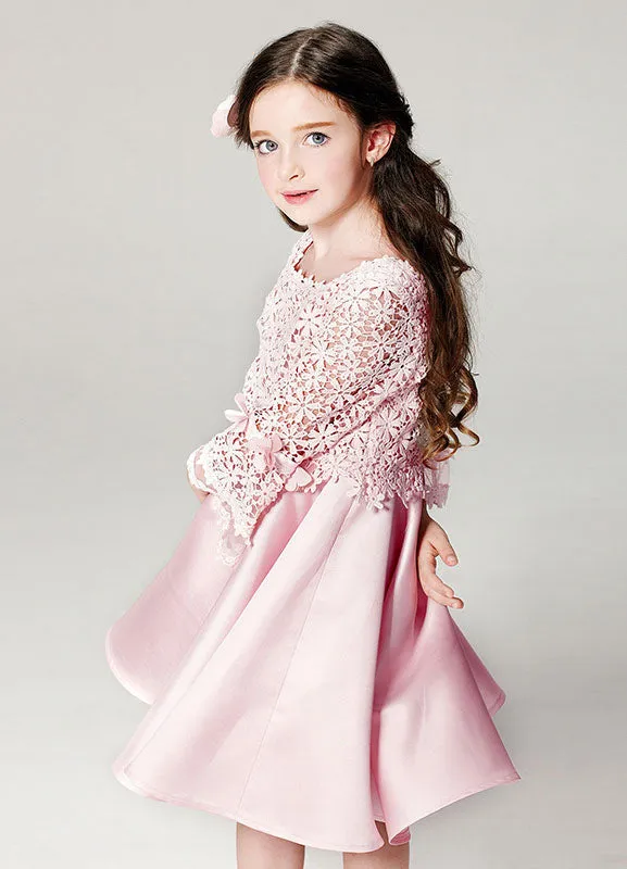 Blush flower girl dress Boho Princess Lace Satin Bell Long Sleeve Flowers Short Pageant Skater Dress