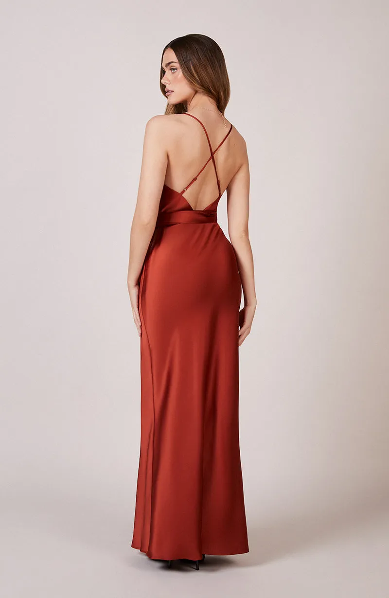 Brooklyn Dress in Burnt Orange Satin