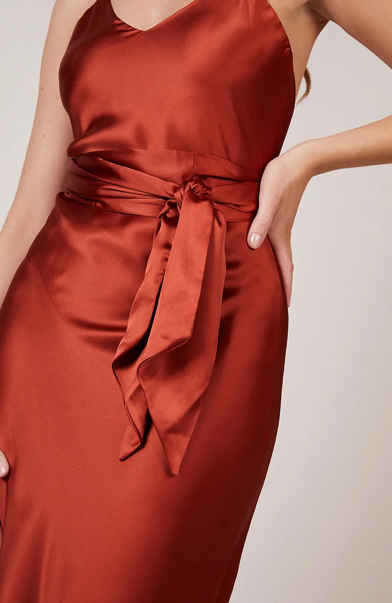 Brooklyn Dress in Burnt Orange Satin