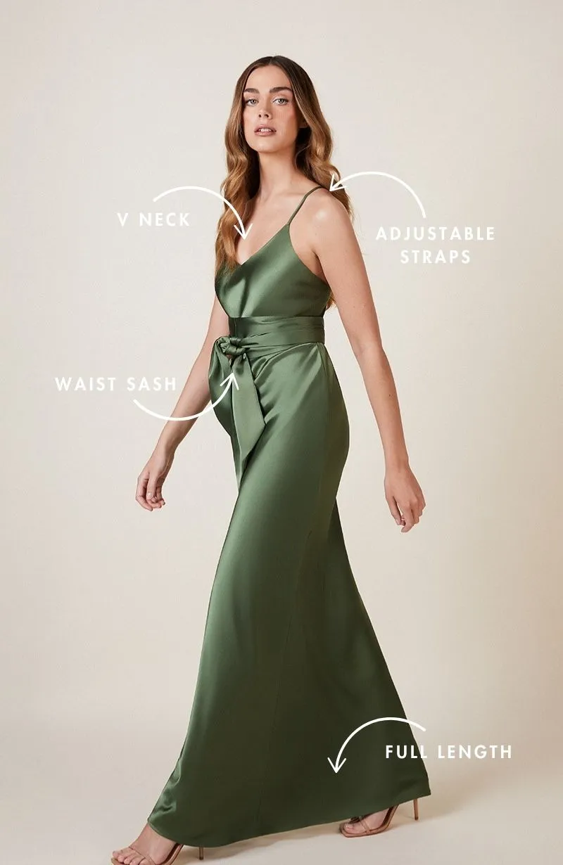 Brooklyn Dress in Olive Green Satin