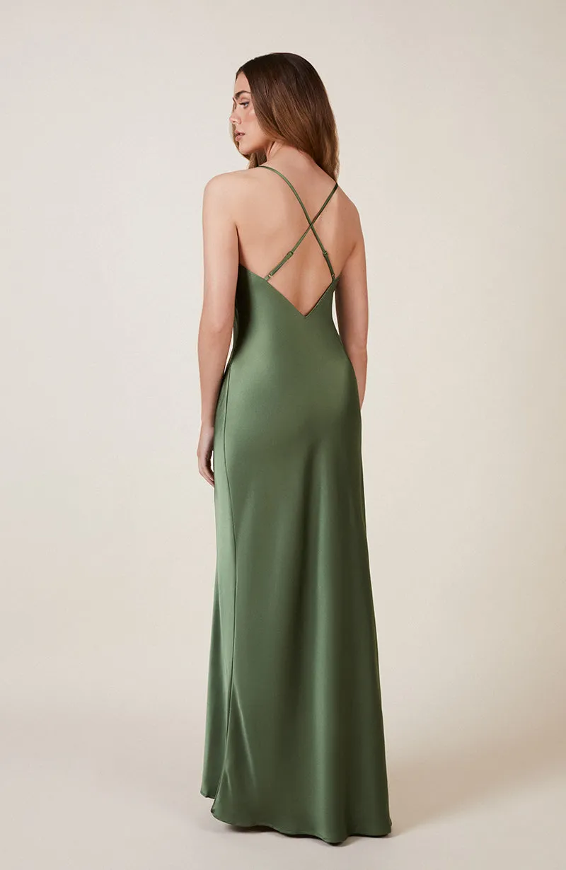 Brooklyn Dress in Olive Green Satin