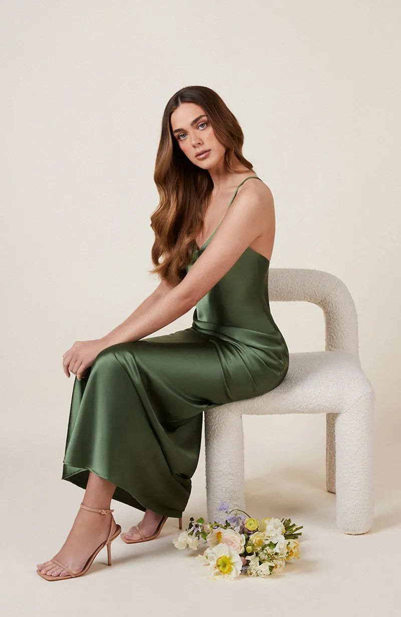 Brooklyn Dress in Olive Green Satin