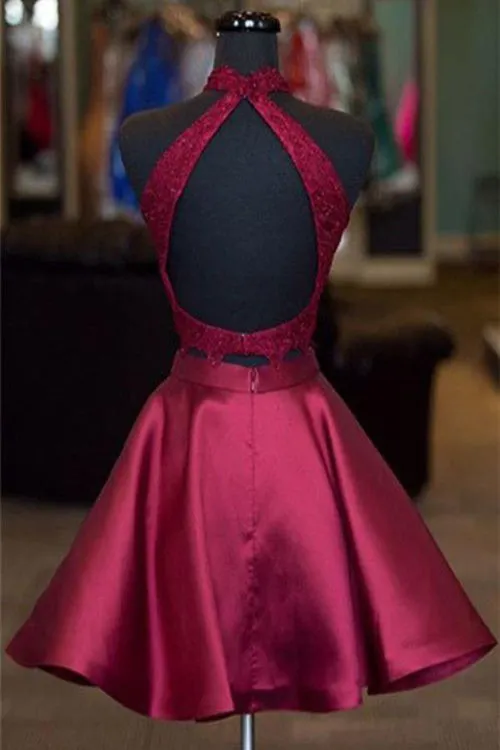 Burgundy Two Piece A-line Satin Short Prom Dresses Homecoming Dress, MH494