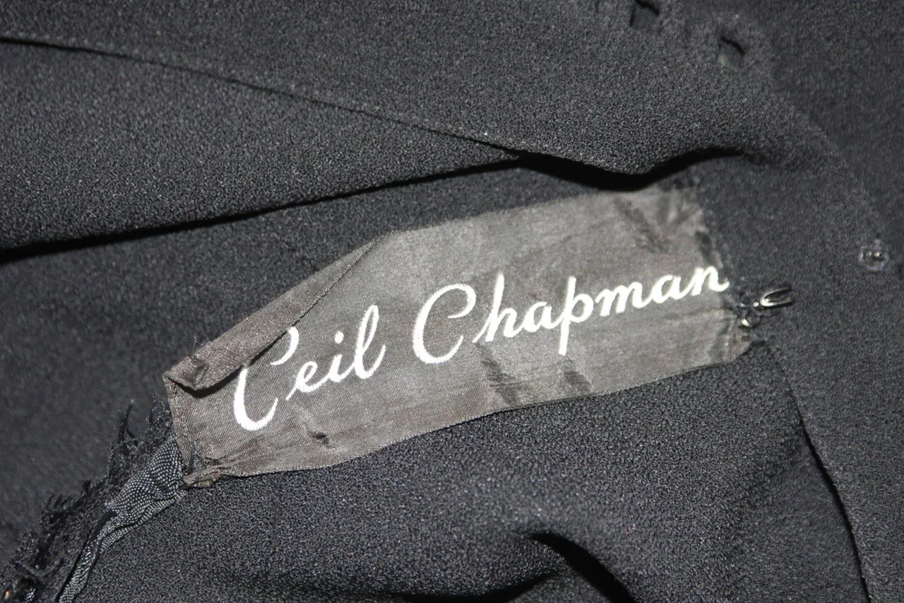 CEIL CHAPMAN Draped Black Silk Crepe Gown Size Small