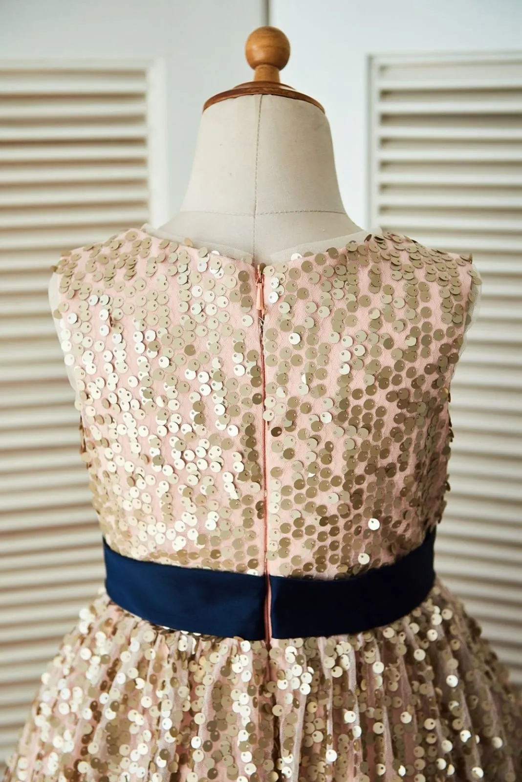 Champagne Gold Sequin Wedding Flower Girl Dress, Belt