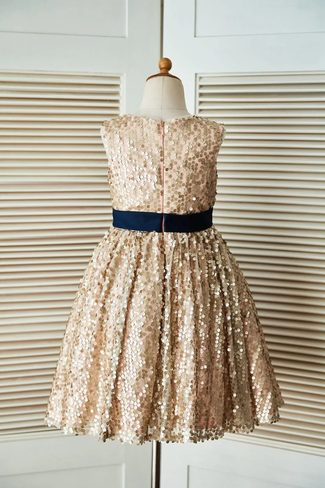 Champagne Gold Sequin Wedding Flower Girl Dress, Belt