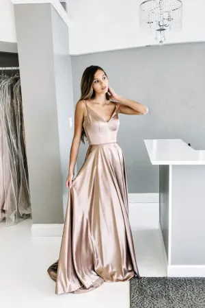 Champagne satin long prom dress, champagne evening dress