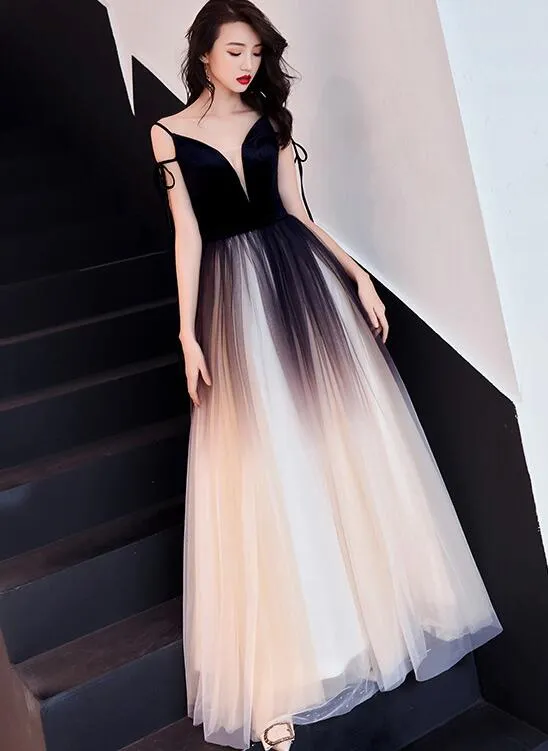 Charming Black Gradient Tulle and Velvet Long Party Dress,Black Party Dress