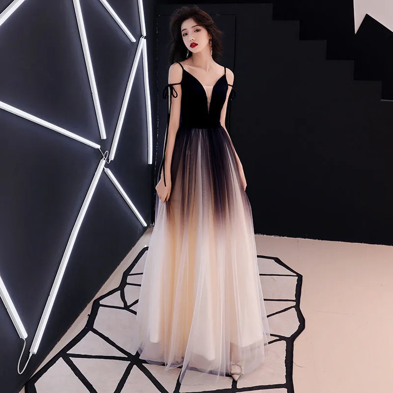 Charming Black Gradient Tulle and Velvet Long Party Dress,Black Party Dress