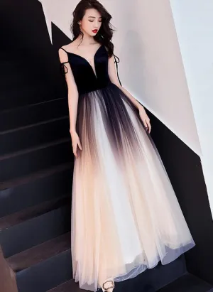 Charming Black Gradient Tulle and Velvet Long Party Dress,Black Party Dress