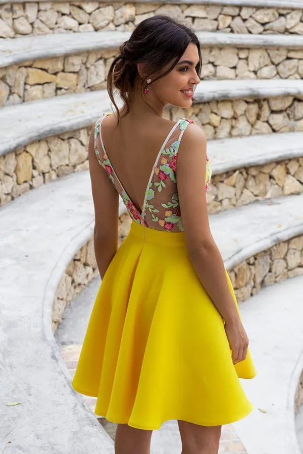 Charming Yellow Floral Satin Illusion Back Daffodil Homecoming Dresses,MH475