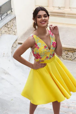 Charming Yellow Floral Satin Illusion Back Daffodil Homecoming Dresses,MH475