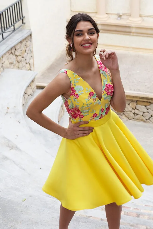 Charming Yellow Floral Satin Illusion Back Daffodil Homecoming Dresses,MH475