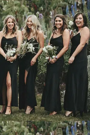 Cheap Black Mermaid Side Slit Spaghetti Straps Long Bridesmaid Dresses Online,MBD133