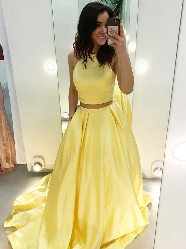 Cheap Two Piece Yellow Satin Formal Halter Long Simple Prom Dresses, QB0287
