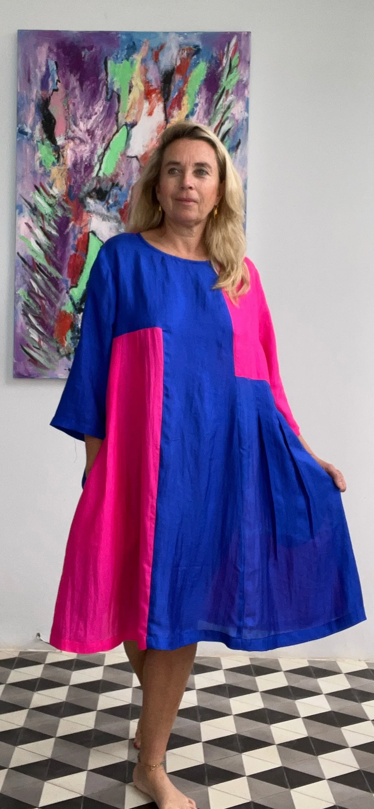 Chiang mai  silk  dress pink blue