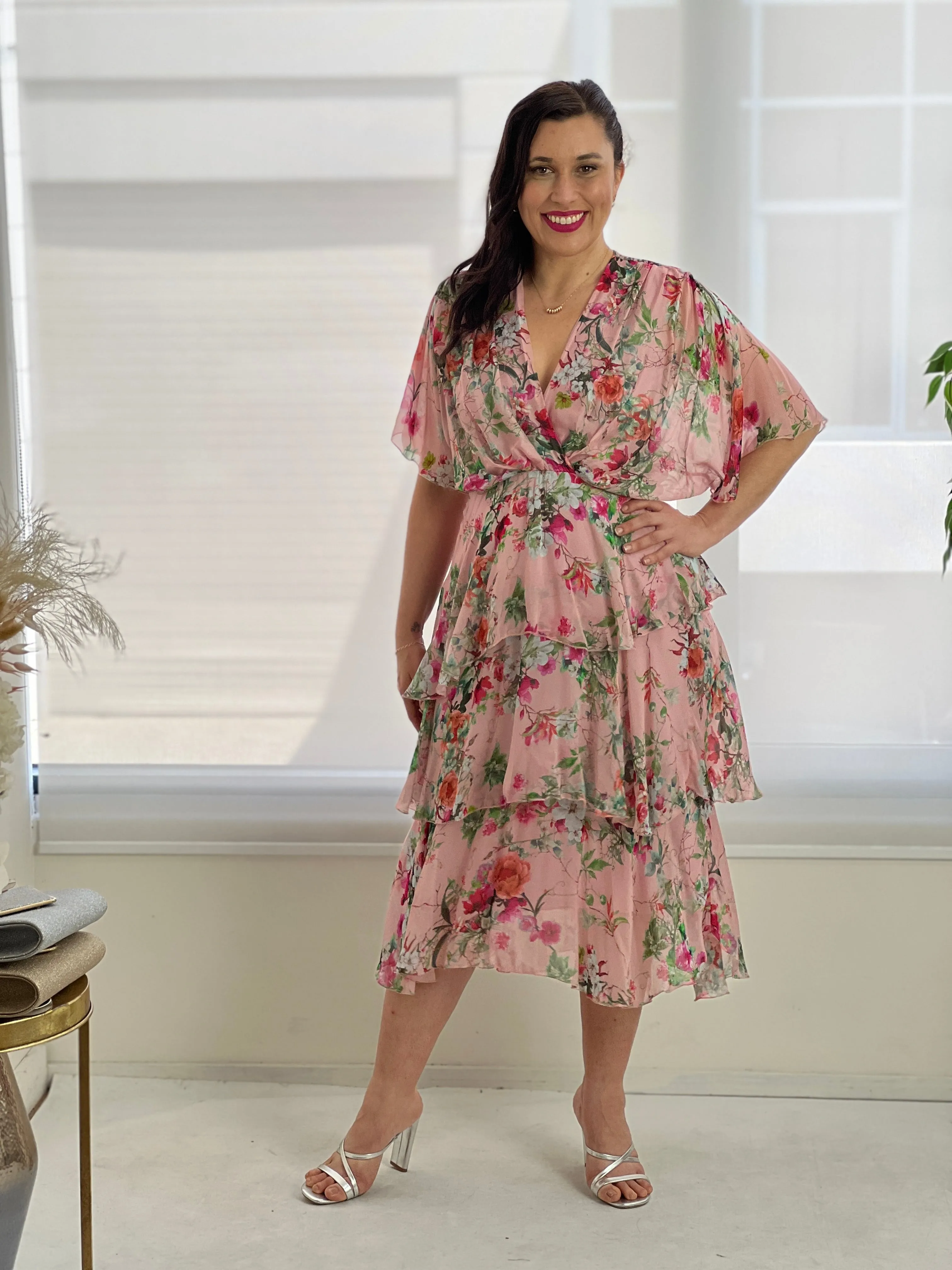 Clara Pink Floral Silk Dress