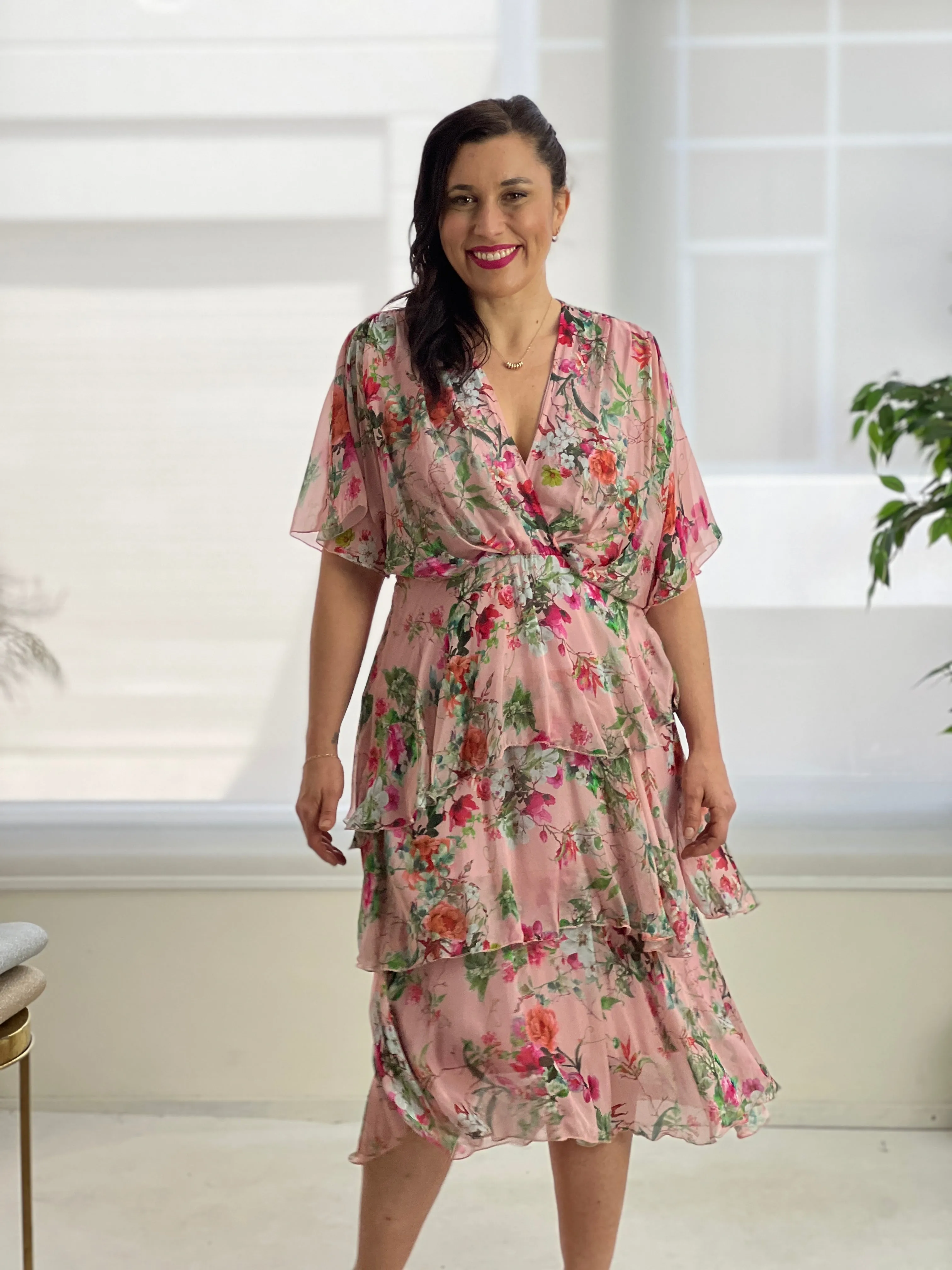 Clara Pink Floral Silk Dress
