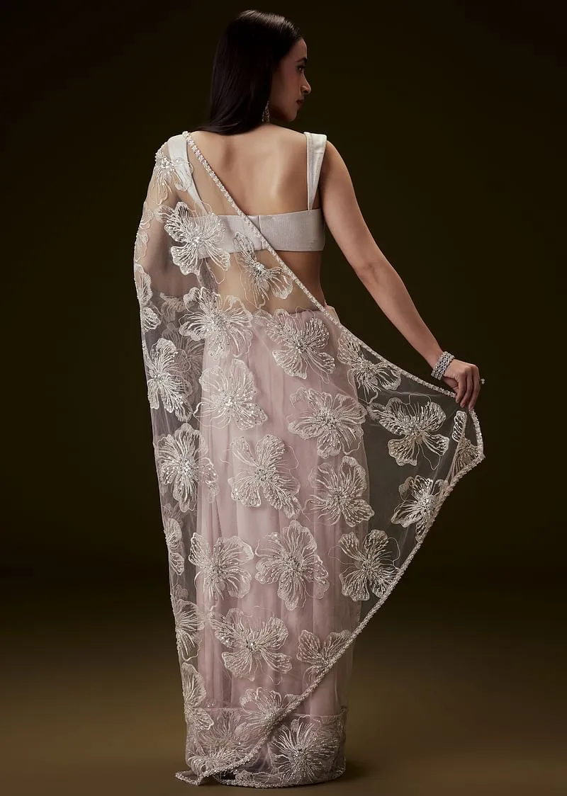 Color Dusty Pink Silver Blouse With Open Saree And Lace