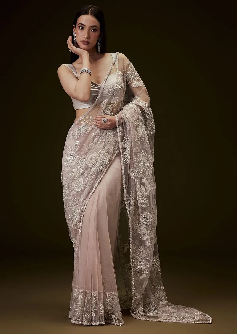 Color Dusty Pink Silver Blouse With Open Saree And Lace