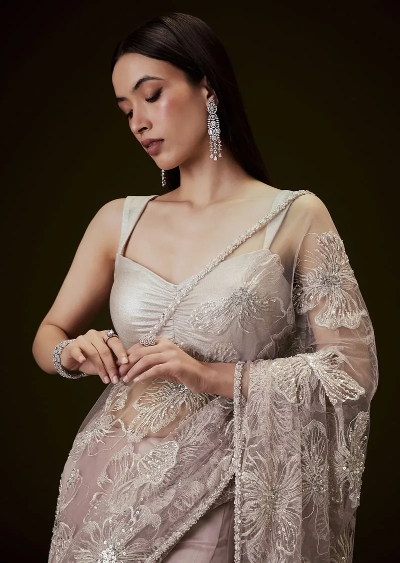 Color Dusty Pink Silver Blouse With Open Saree And Lace