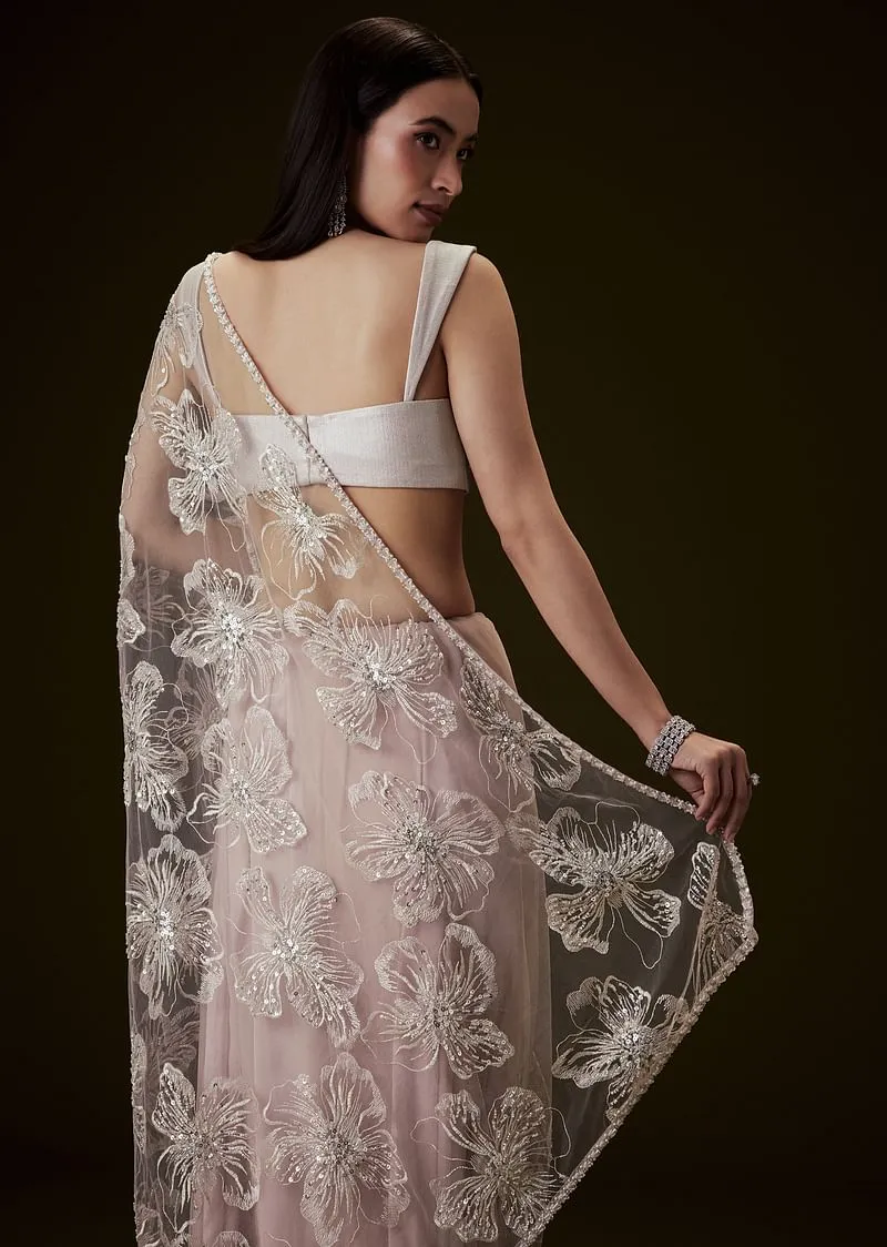 Color Dusty Pink Silver Blouse With Open Saree And Lace