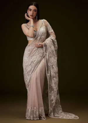 Color Dusty Pink Silver Blouse With Open Saree And Lace