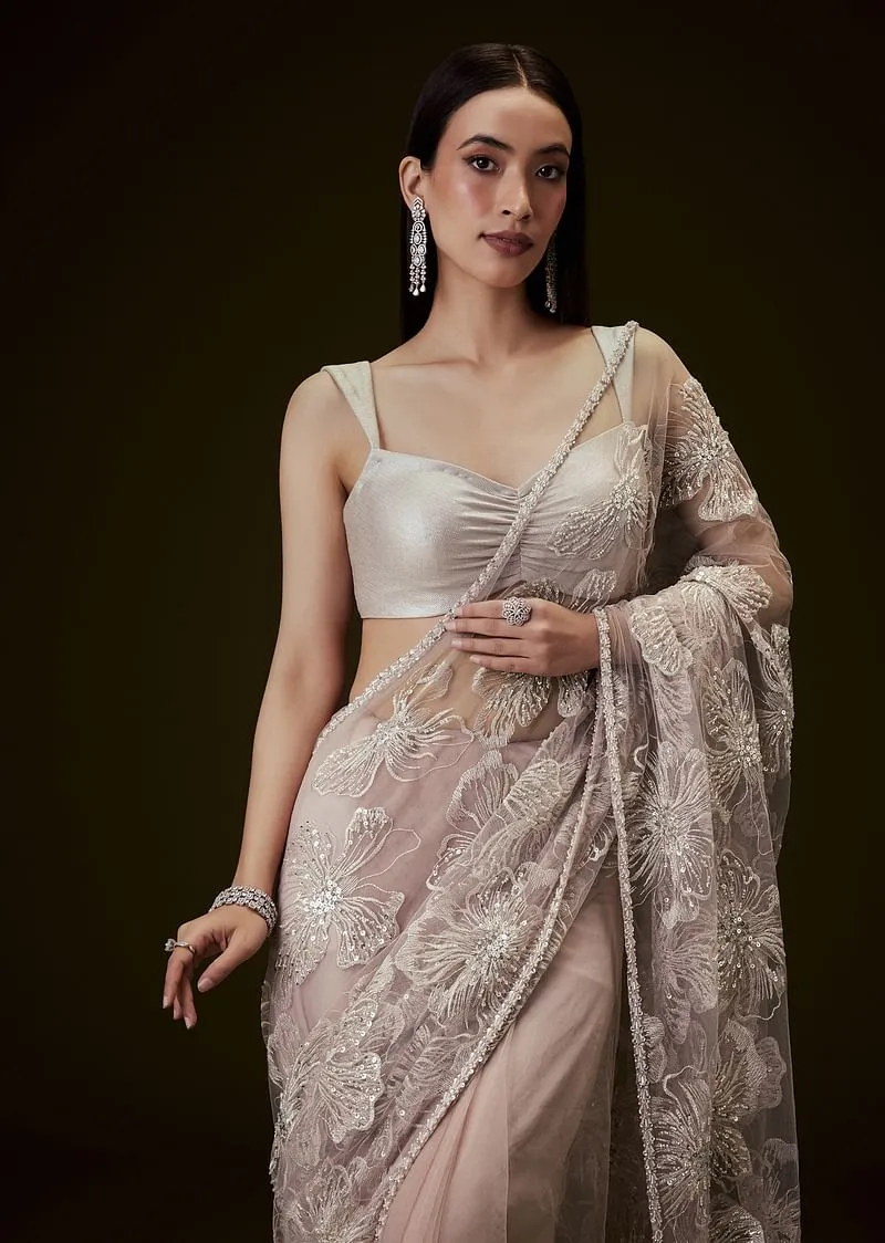 Color Dusty Pink Silver Blouse With Open Saree And Lace