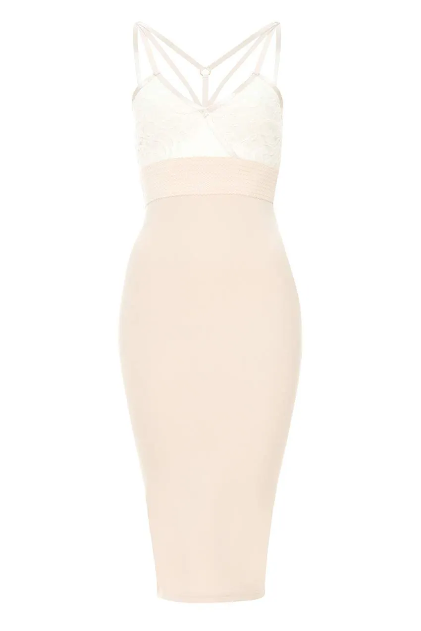 Contrast Bodycon Midi Dress With Lace Detail