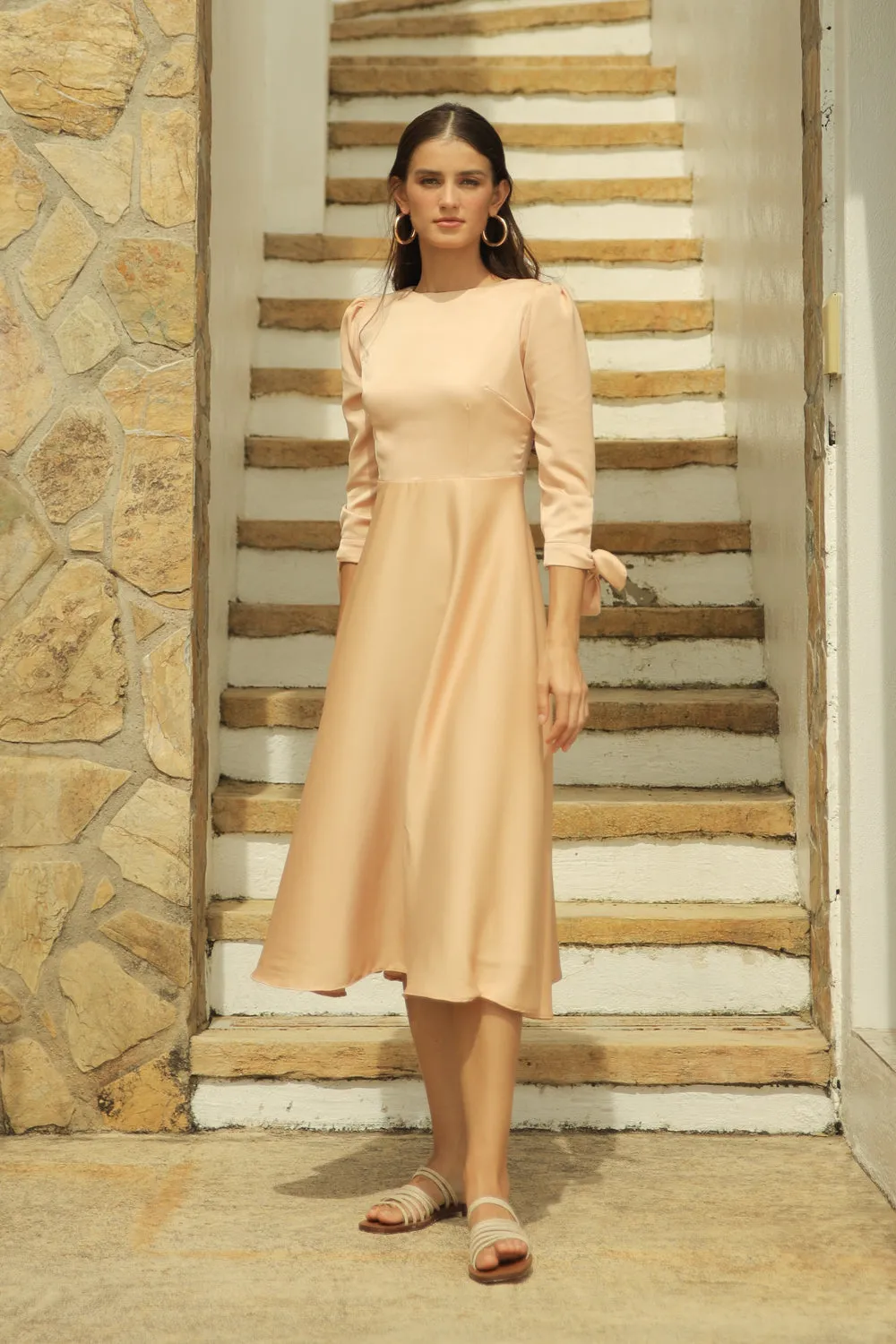 CORALIE Longsleeve Midi Dress with Slit Skirt and Tie on Wrist (Tan Silk)