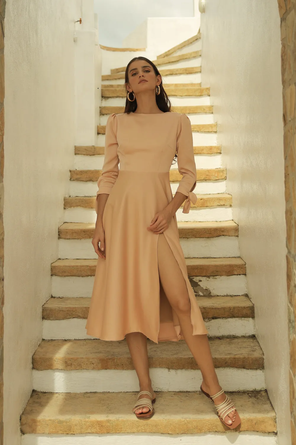 CORALIE Longsleeve Midi Dress with Slit Skirt and Tie on Wrist (Tan Silk)