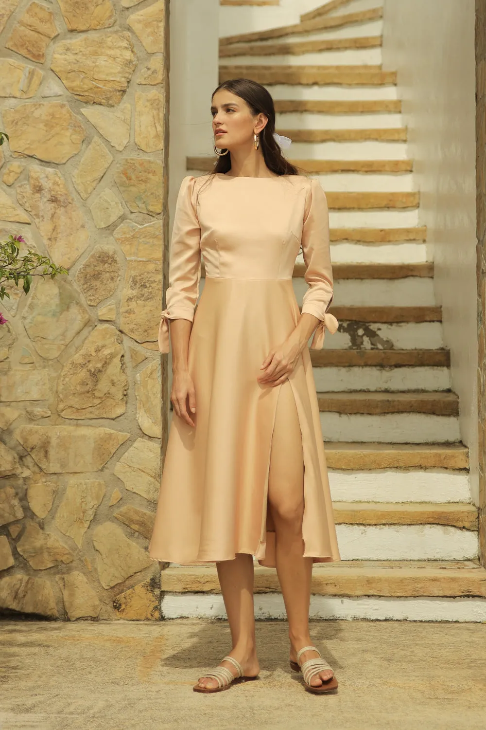 CORALIE Longsleeve Midi Dress with Slit Skirt and Tie on Wrist (Tan Silk)