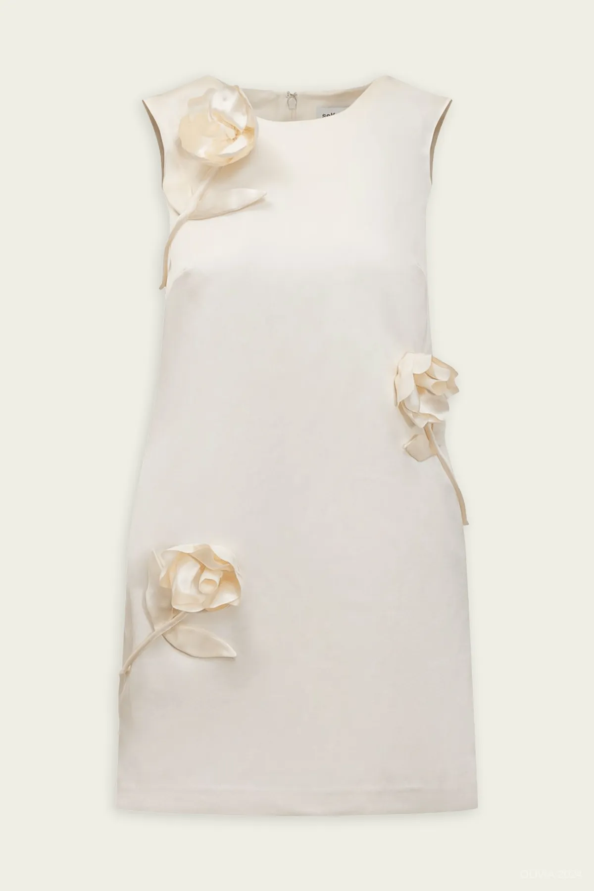 Cream 3D Flower Satin Mini Dress