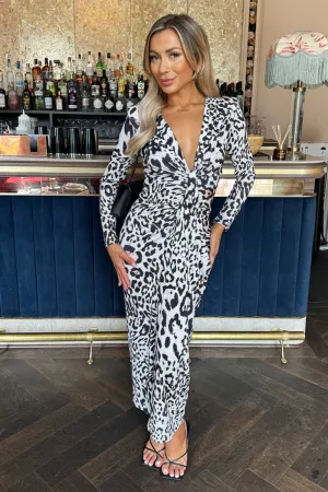 Cream Leopard Print Long Sleeve V Neck Knot Drape Midi Dress