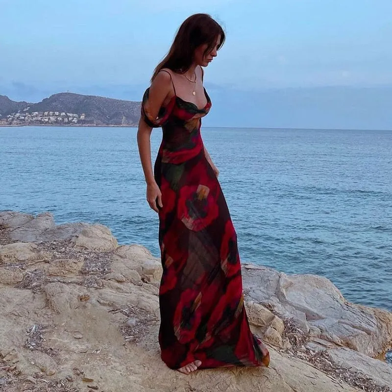 Cryptographic Print Mesh See Through Sexy Slip Maxi Dress