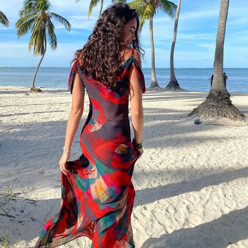Cryptographic Print Mesh See Through Sexy Slip Maxi Dress