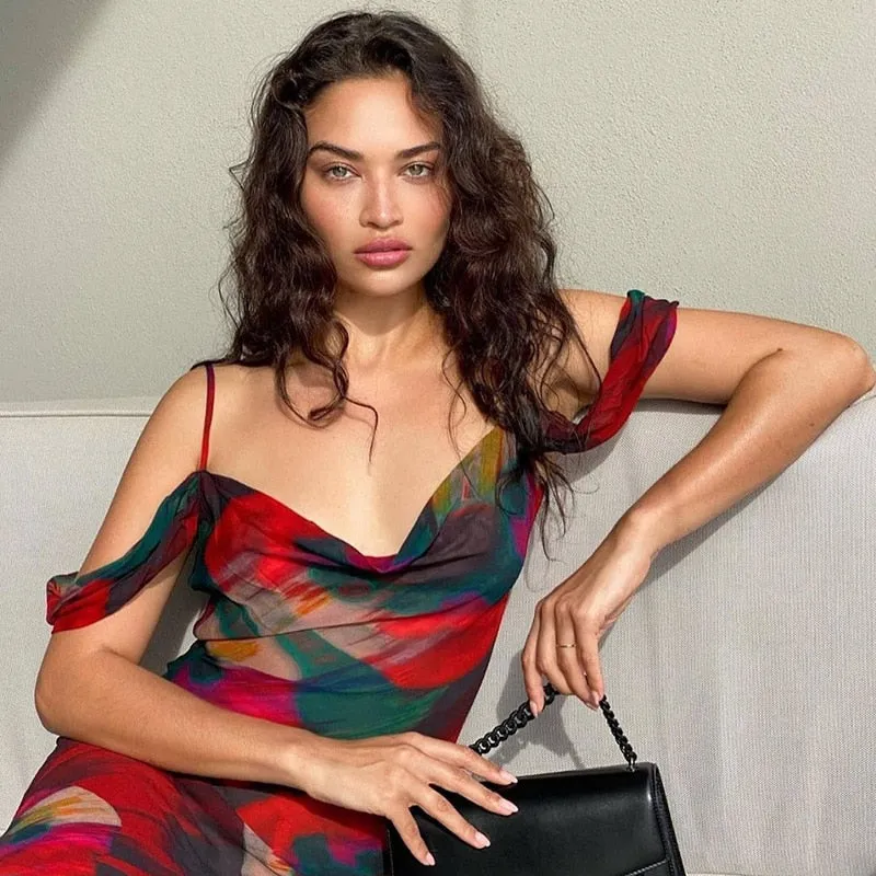 Cryptographic Print Mesh See Through Sexy Slip Maxi Dress