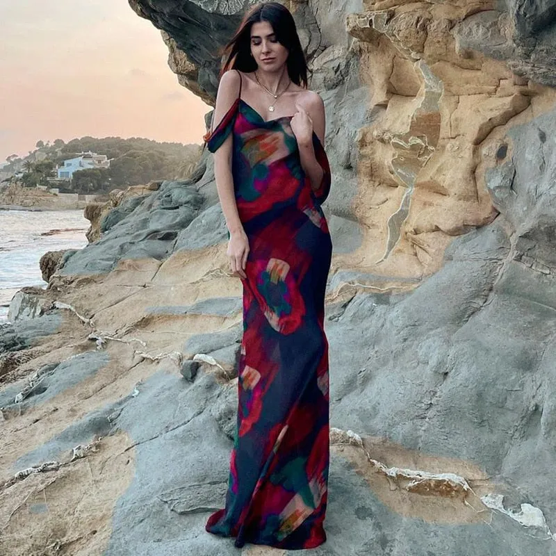 Cryptographic Print Mesh See Through Sexy Slip Maxi Dress