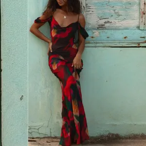 Cryptographic Print Mesh See Through Sexy Slip Maxi Dress