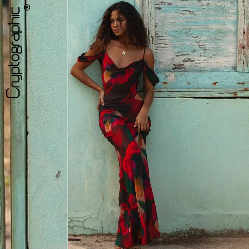 Cryptographic Print Mesh See Through Sexy Slip Maxi Dress