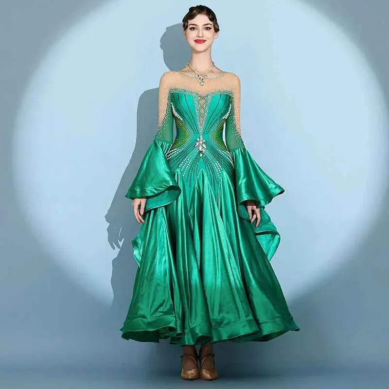 Custom Size Competition Ballroom Dance Dresses for Women Green Wine Gemstones Waltz Performance Long Gown