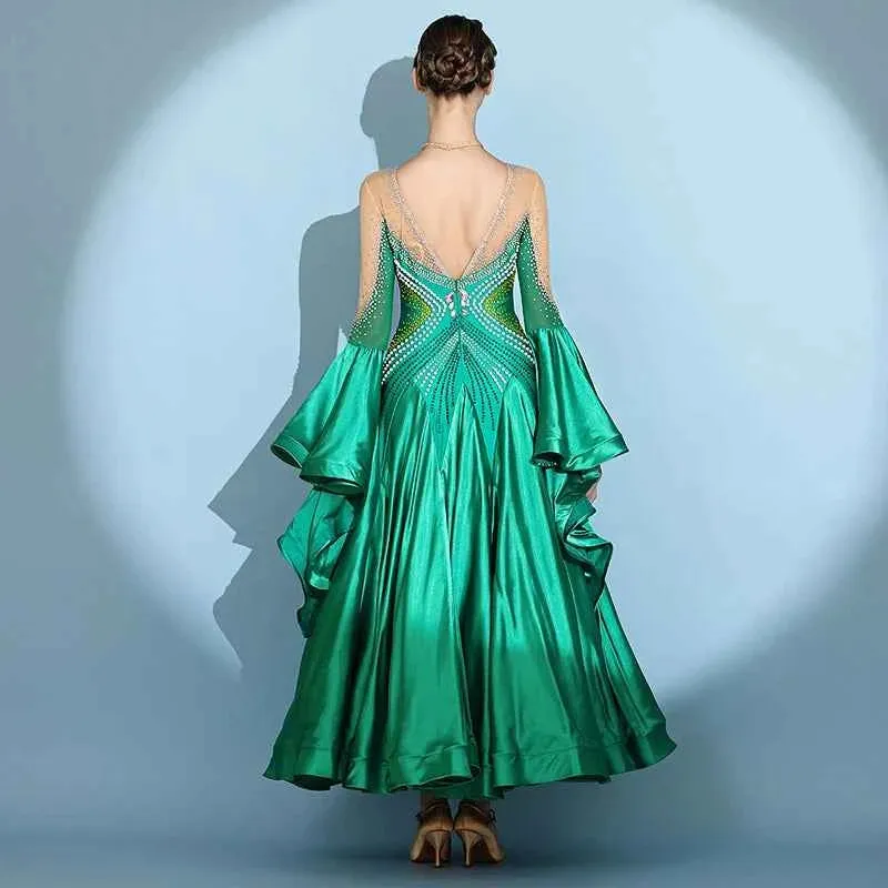Custom Size Competition Ballroom Dance Dresses for Women Green Wine Gemstones Waltz Performance Long Gown